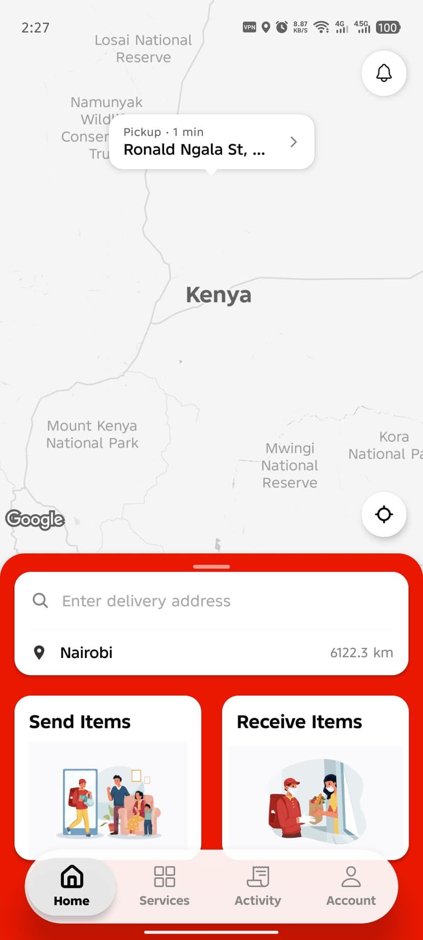 Dashdrop home screen on a map of Kenya showing Send Items and Receive Items options