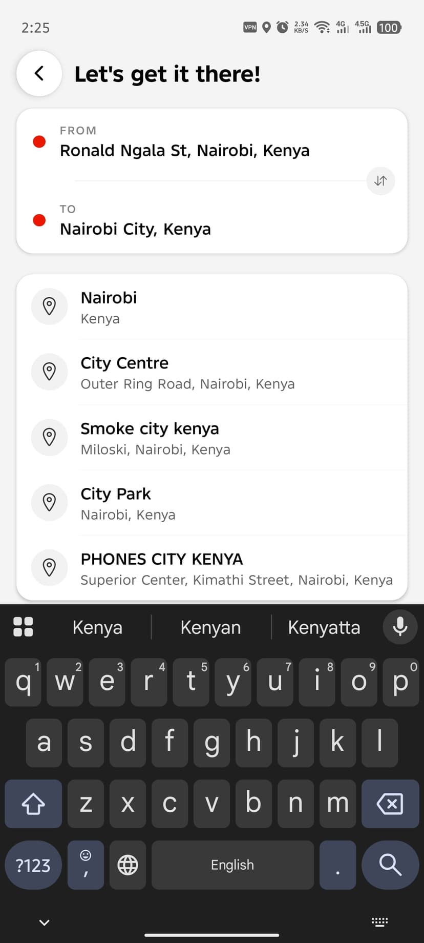 Route screen showing FROM Ronald Ngala St and TO Nairobi City with location suggestions