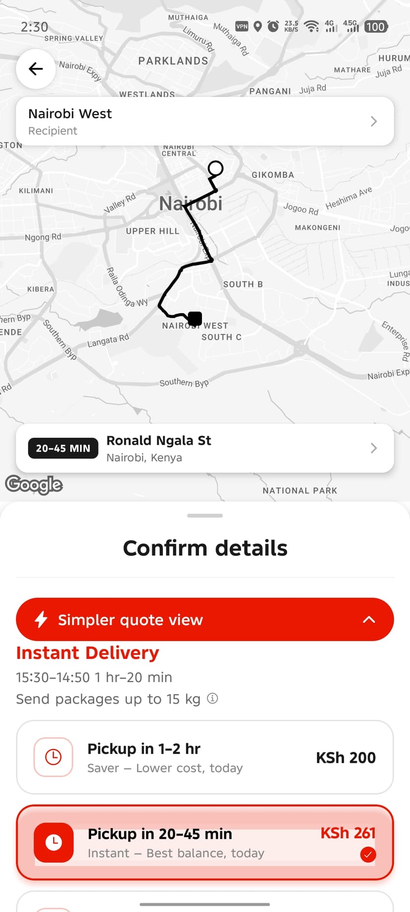 Nairobi route map showing 20–45 min delivery with Saver KSh 200 and Instant KSh 261 options