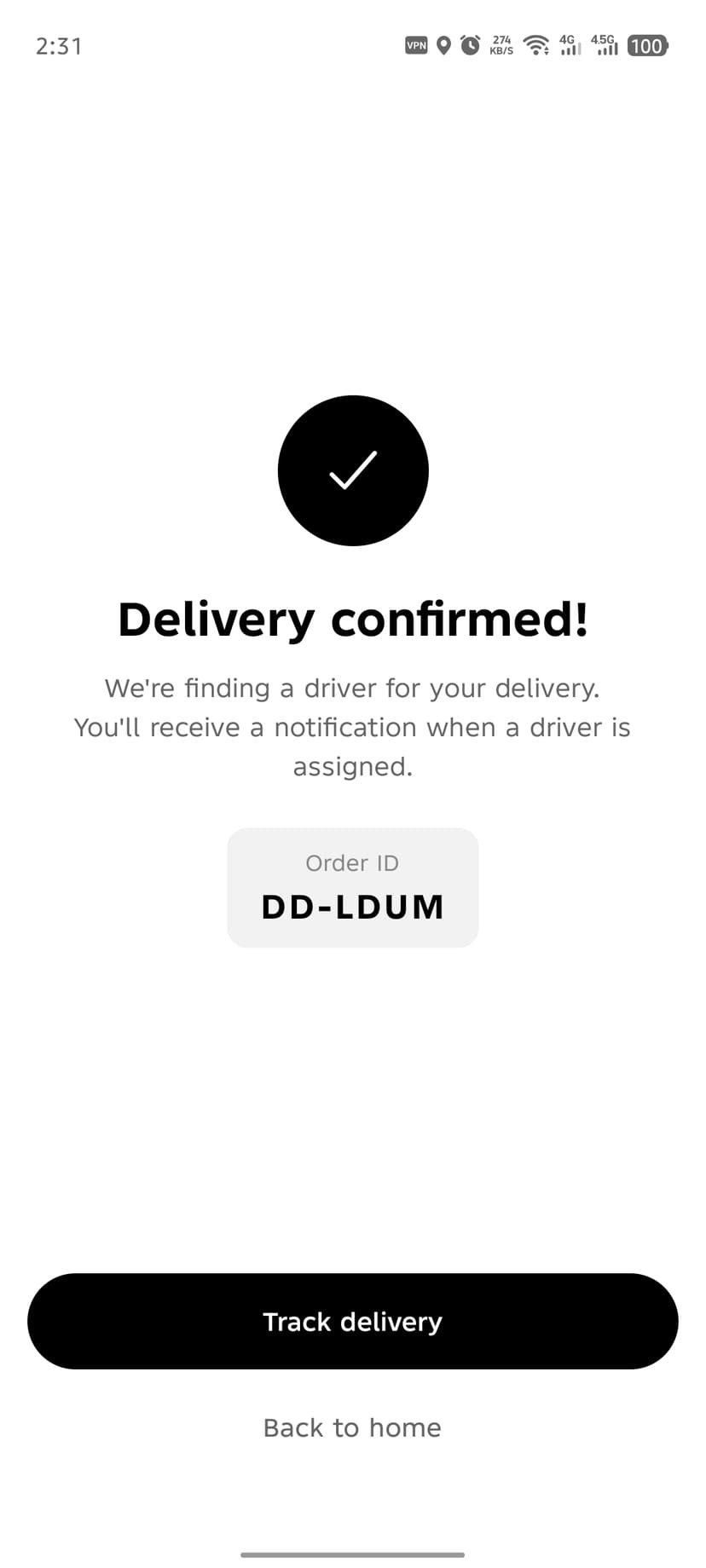 Delivery confirmed screen with Order ID DD-LDUM and Track delivery button